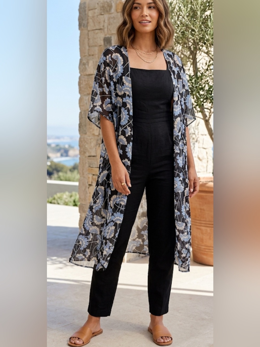 LuLaRoe Black Floral Kimono with Light Blue Blooms